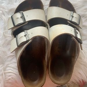 White two strap Birkenstock’s